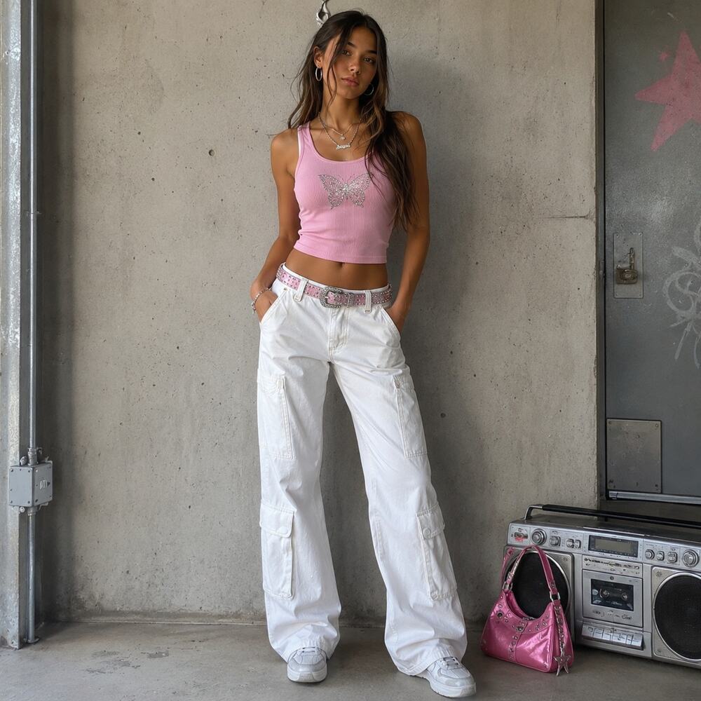 Cream Wide Leg Carpenter Cargo Jeans Y2K Utility Pants Size 6